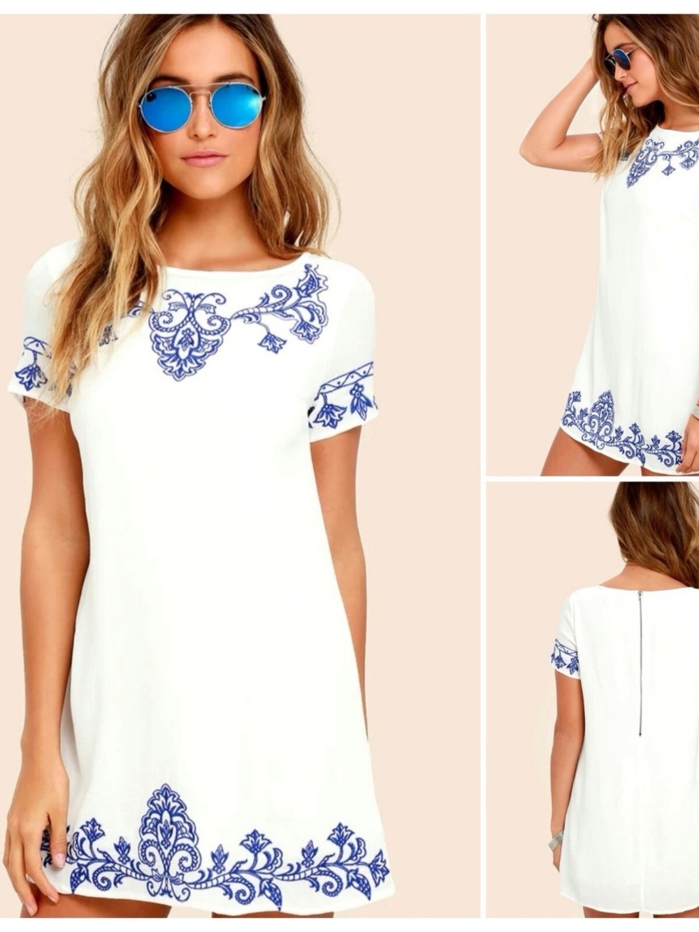 Lulu's White Shift Coverup with Blue Embroidered Trim